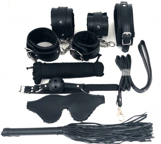 Набор БДСМ в черном цвете: наручники, поножи, кляп, ошейник с поводком, маска, веревка, плеть - Vandersex - купить с доставкой в Санкт-Петербурге