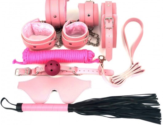 Набор БДСМ в розовом цвете: наручники, поножи, кляп, ошейник с поводком, маска, веревка, плеть - Vandersex - купить с доставкой в Санкт-Петербурге