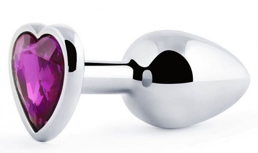 Серебристая анальная пробка с фиолетовым кристаллом-сердечком - 8 см. - Anal Jewelry Plug - купить с доставкой в Санкт-Петербурге