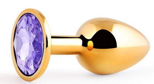 Золотистая анальная пробка с фиолетовым стразом - 7,2 см. - Anal Jewelry Plug - купить с доставкой в Санкт-Петербурге