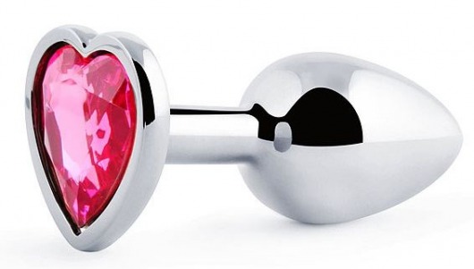 Серебристая анальная пробка с розовым кристаллом-сердечком - 7 см. - Anal Jewelry Plug - купить с доставкой в Санкт-Петербурге