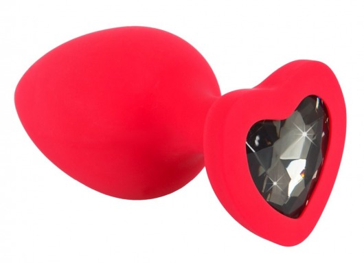 Красная силиконовая анальная пробка с черным стразом-сердечком - 9,3 см. - Orion - купить с доставкой в Санкт-Петербурге