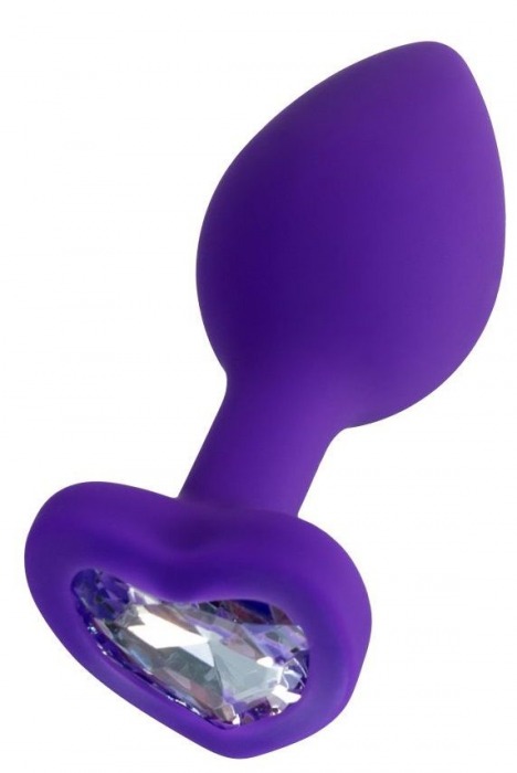 Фиолетовая анальная втулка с прозрачным стразом-сердечком - 7 см. - Штучки-дрючки - купить с доставкой в Санкт-Петербурге