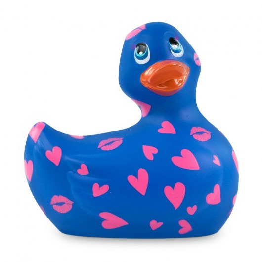 Синий вибратор-уточка I Rub My Duckie 2.0 Romance с розовым принтом - Big Teaze Toys - купить с доставкой в Санкт-Петербурге