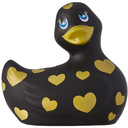 Черный вибратор-уточка I Rub My Duckie 2.0 Romance с золотистым принтом - Big Teaze Toys - купить с доставкой в Санкт-Петербурге