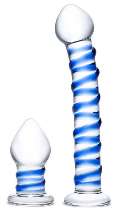 Набор из 2 стеклянных игрушек с синей спиралью Swirly Dildo   Buttplug Set - Glas
