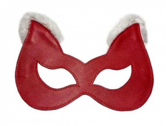 Красная маска из натуральной кожи с белым мехом на ушках - БДСМ Арсенал - купить с доставкой в Санкт-Петербурге