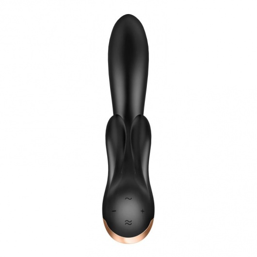 Черный вибратор-кролик Double Flex с двумя клиторальными отростками - 20,1 см. - Satisfyer