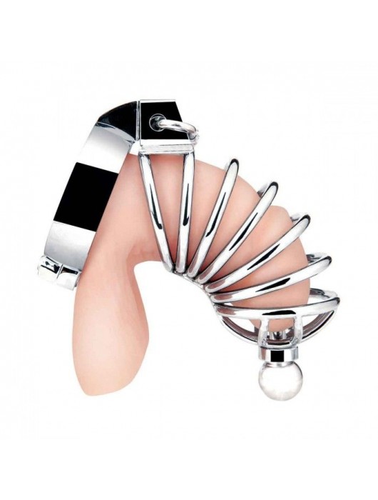 Серебристая клетка для члена Urethral Play Cage - BlueLine - купить с доставкой в Санкт-Петербурге