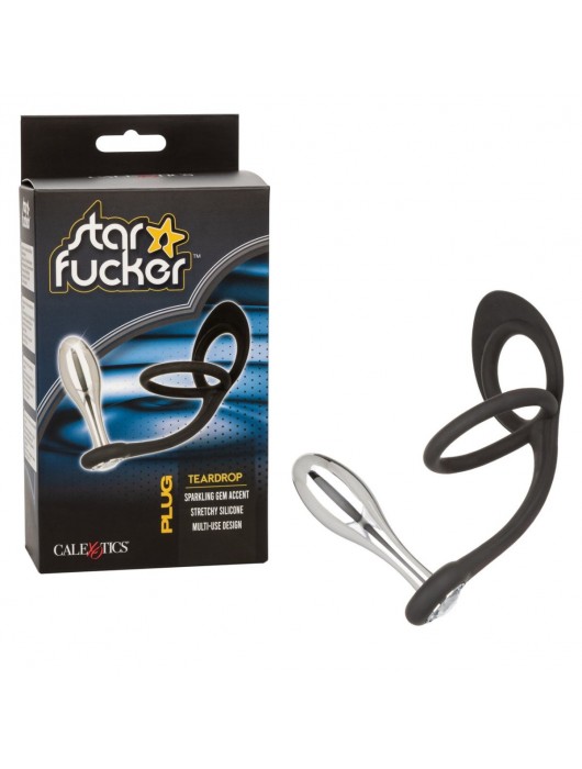 Серебристая анальная пробка Teardrop Plug с силиконовыми кольцами для пениса и мошонки - California Exotic Novelties