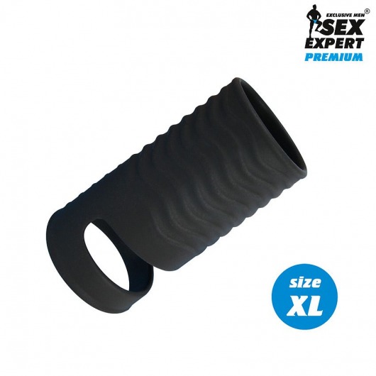 Черная открытая насадка на пенис с кольцом для мошонки XL-size - 8,9 см. - Sex Expert - в Санкт-Петербурге купить с доставкой