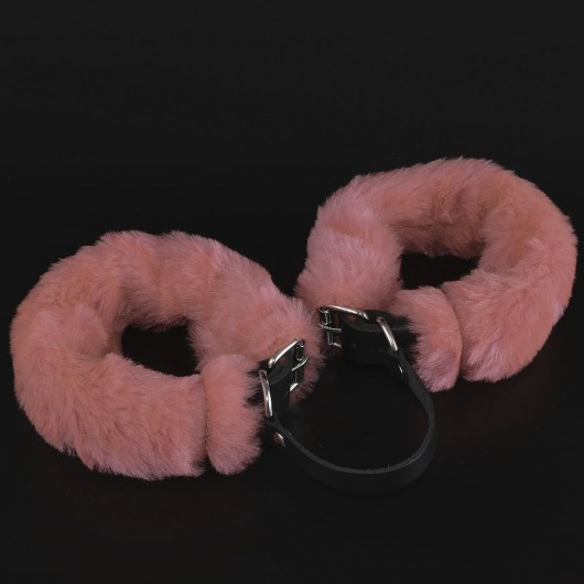 Черные кожаные оковы со съемной розовой опушкой - Sitabella - купить с доставкой в Санкт-Петербурге