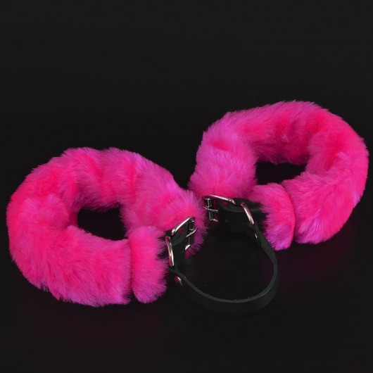 Черные кожаные оковы со съемной ярко-розовой опушкой - Sitabella - купить с доставкой в Санкт-Петербурге