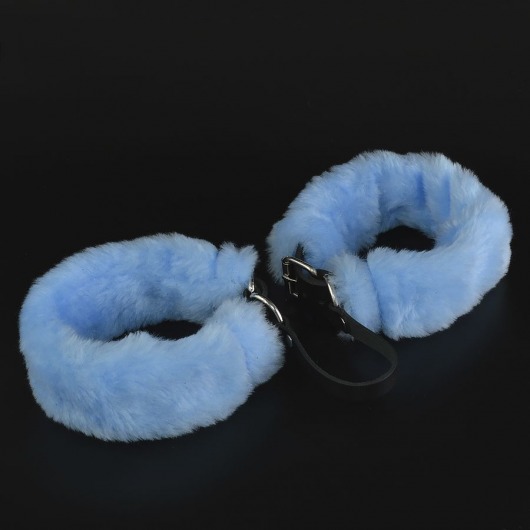 Черные кожаные оковы со съемной голубой опушкой - Sitabella - купить с доставкой в Санкт-Петербурге