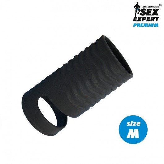 Черная открытая насадка на пенис с кольцом для мошонки size M - 7,9 см. - Sex Expert - в Санкт-Петербурге купить с доставкой