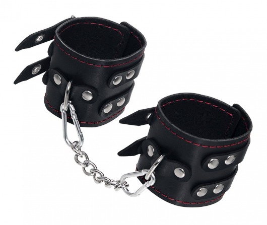 Черные кожаные наручники с двумя ремнями и контрастной строчкой - Pecado - купить с доставкой в Санкт-Петербурге
