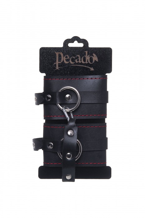 Черные кожаные однослойные оковы с контрастной строчкой - Pecado - купить с доставкой в Санкт-Петербурге