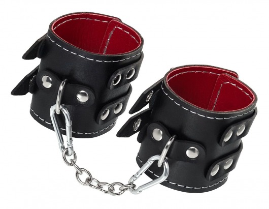 Черные кожаные наручники с двумя ремнями и красной подкладкой - Pecado - купить с доставкой в Санкт-Петербурге
