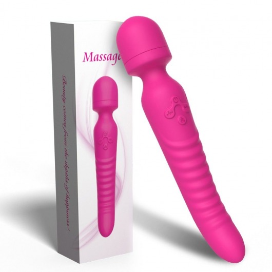 Ярко-розовый двусторонний wand-вибромассажер с рифленой ручкой - 22,5 см. - Silicone Toys
