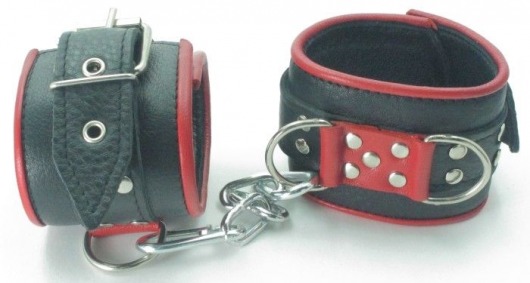 Широкие черные наручники с красным декором - БДСМ Арсенал - купить с доставкой в Санкт-Петербурге