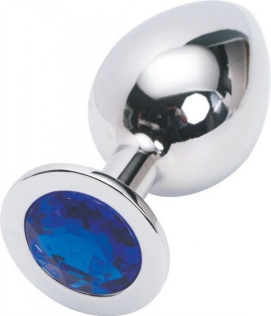 Серебряная металлическая анальная пробка среднего размера с синим стразиком - 8,2 см. - 4sexdreaM - купить с доставкой в Санкт-Петербурге