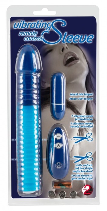 Синяя вибронасадка на пенис Vibrating Sleeve с пультом управления - 22,5 см. - Orion - в Санкт-Петербурге купить с доставкой