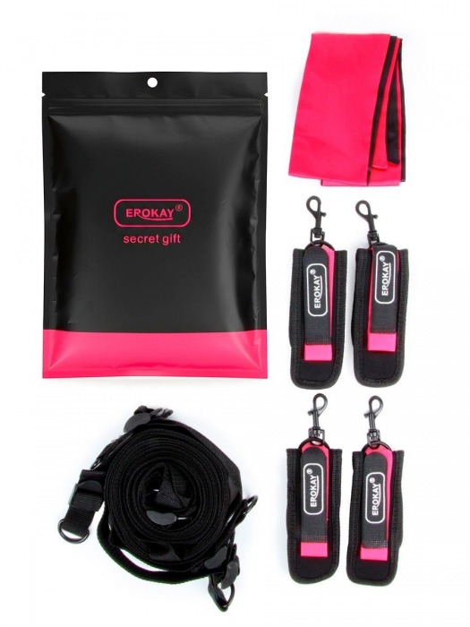 Черно-розовый эротический набор: фиксатор, оковы, наручники, повязка - Erokay - купить с доставкой в Санкт-Петербурге