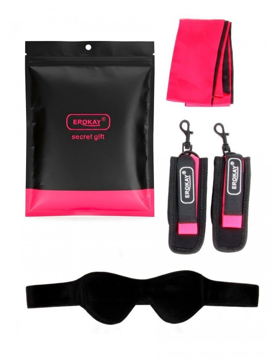 Черно-розовый эротический набор: маска, наручники и повязка - Erokay - купить с доставкой в Санкт-Петербурге