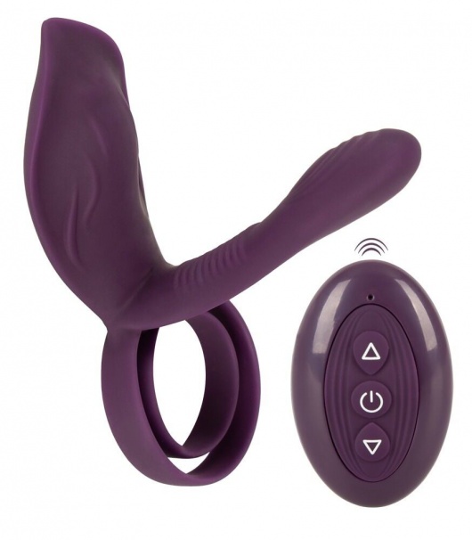 Фиолетовая насадка на член с клиторальным отростком и пультом ДУ RC Couple’s Vibrator 2 - Orion - в Санкт-Петербурге купить с доставкой