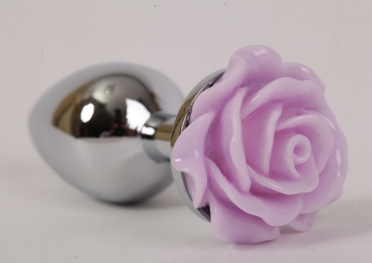 Серебристая анальная пробка с сиреневой розочкой - 8 см. - 4sexdreaM - купить с доставкой в Санкт-Петербурге
