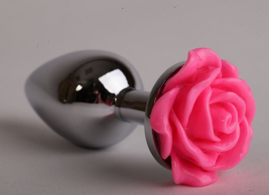Серебристая анальная пробка с розовой розочкой - 9,5 см. - 4sexdreaM - купить с доставкой в Санкт-Петербурге