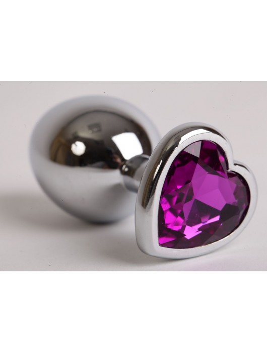 Серебристая анальная пробка с фиолетовым стразиком-сердечком - 8 см. - 4sexdreaM - купить с доставкой в Санкт-Петербурге