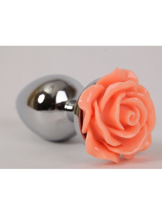 Серебристая анальная пробка с оранжевой розой - 7,6 см. - 4sexdreaM - купить с доставкой в Санкт-Петербурге