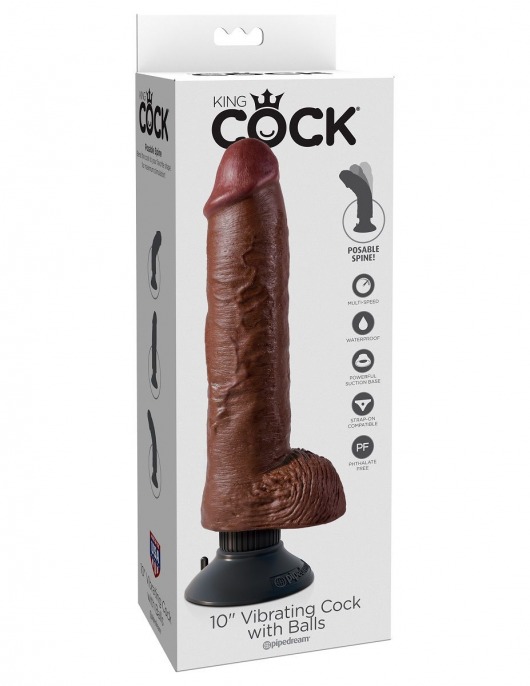 Коричневый вибратор-гигант со съёмной присоской 10  Vibrating Cock with Balls - 25,4 см. - Pipedream