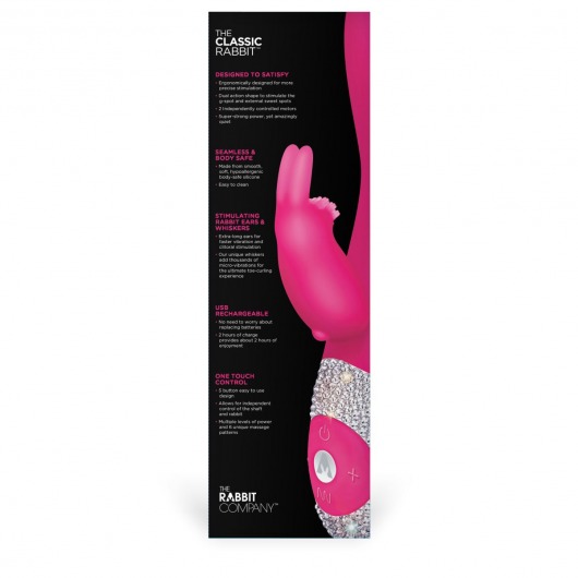 Ярко-розовый вибромассажёр с клиторальным отростком и отделанной стразами рукоятью The Classic Rabbit - 22 см. - The Rabbit Company