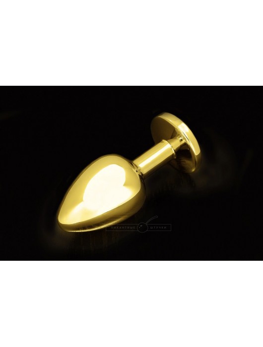 Большая золотая анальная пробка с закругленным кончиком и синим кристаллом - 9 см. - Пикантные штучки - купить с доставкой в Санкт-Петербурге