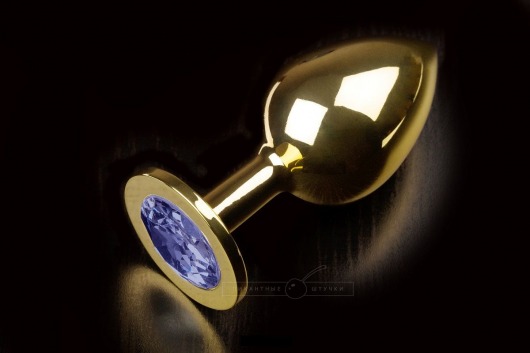 Большая золотая анальная пробка с закругленным кончиком и синим кристаллом - 9 см. - Пикантные штучки - купить с доставкой в Санкт-Петербурге
