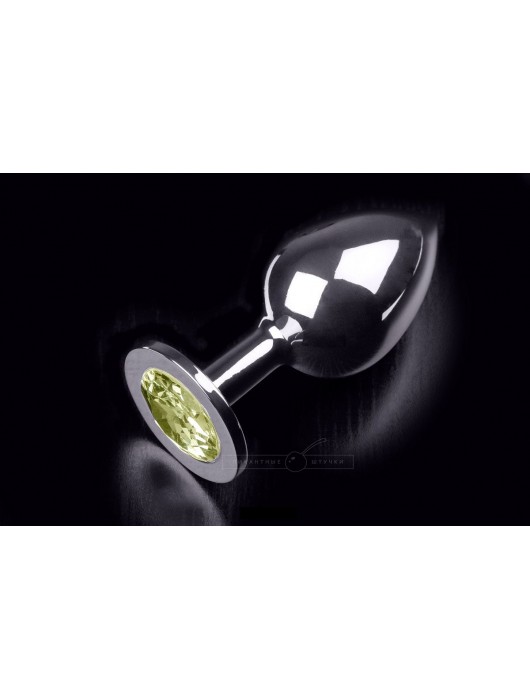 Большая серебристая анальная пробка с круглым кончиком и жёлтым кристаллом - 9 см. - Пикантные штучки - купить с доставкой в Санкт-Петербурге