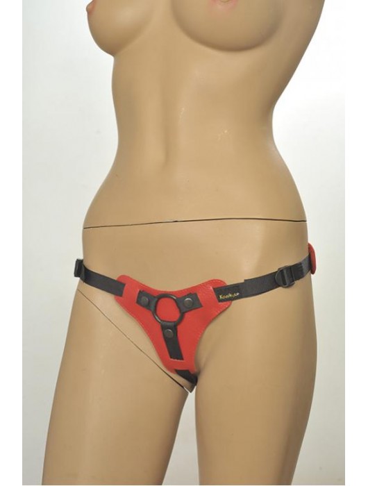 Красно-чёрные трусики для фиксации насадок кольцом Kanikule Leather Strap-on Harness  Anatomic Thong - Kanikule - купить с доставкой в Санкт-Петербурге