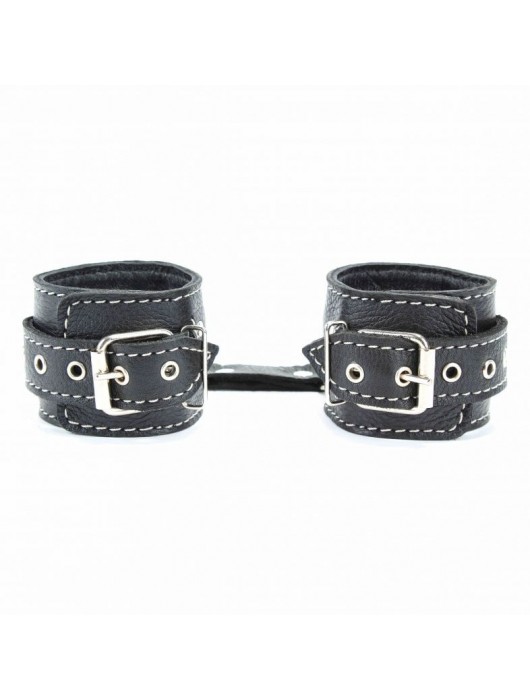 Чёрные кожаные наручники с крупной строчкой - БДСМ Арсенал - купить с доставкой в Санкт-Петербурге