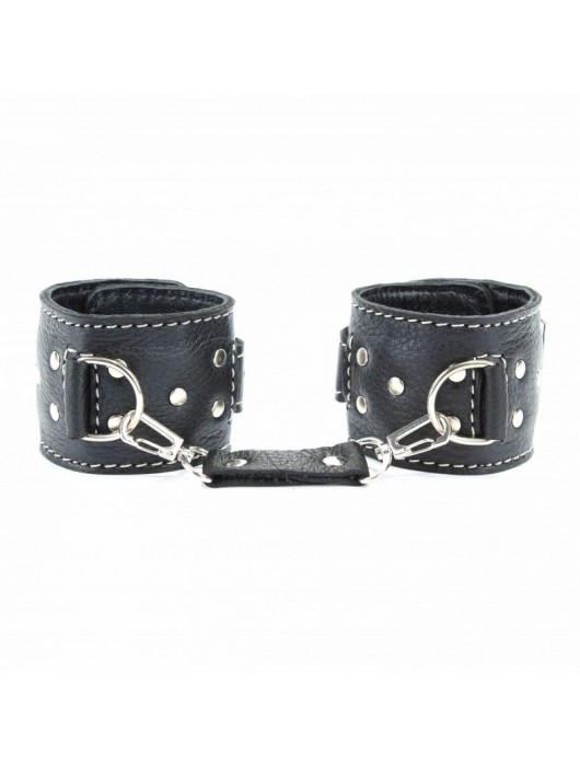 Чёрные кожаные наручники с крупной строчкой - БДСМ Арсенал - купить с доставкой в Санкт-Петербурге