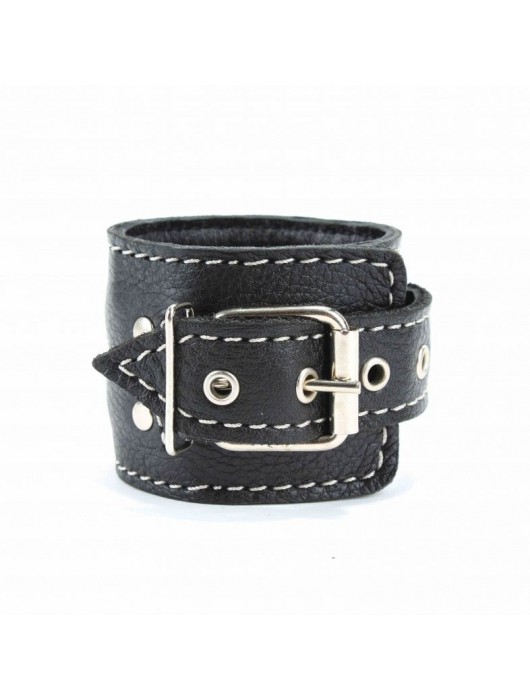 Чёрные кожаные наручники с крупной строчкой - БДСМ Арсенал - купить с доставкой в Санкт-Петербурге