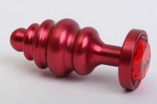 Красная ребристая анальная пробка с красным стразом - 7,3 см. - 4sexdreaM - купить с доставкой в Санкт-Петербурге