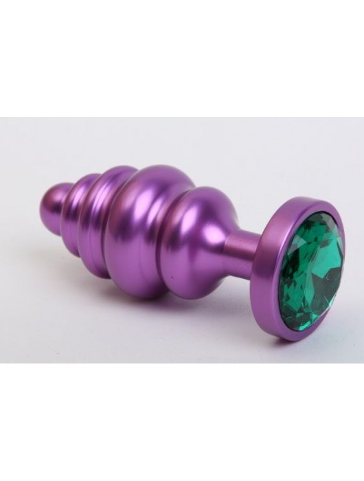 Фиолетовая ребристая анальная пробка с зеленым кристаллом - 7,3 см. - 4sexdreaM - купить с доставкой в Санкт-Петербурге