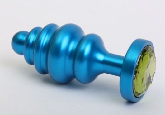 Синяя ребристая анальная пробка с зеленым кристаллом - 7,3 см. - 4sexdreaM - купить с доставкой в Санкт-Петербурге