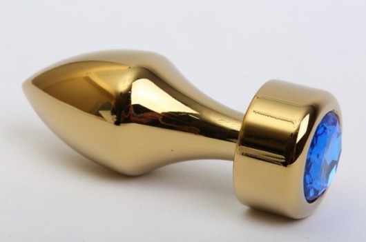 Золотистая анальная пробка с широким основанием и синим кристаллом - 7,8 см. - 4sexdreaM - купить с доставкой в Санкт-Петербурге