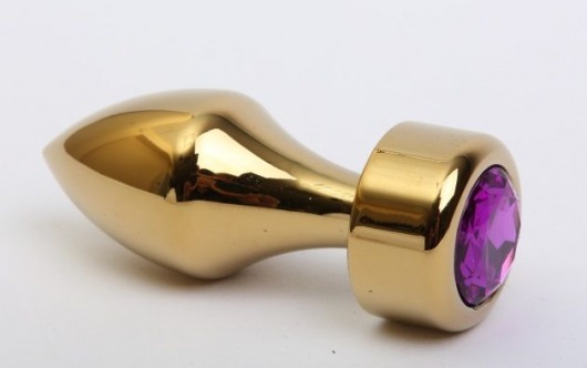 Золотистая анальная пробка с широким основанием и фиолетовым кристаллом - 7,8 см. - 4sexdreaM - купить с доставкой в Санкт-Петербурге