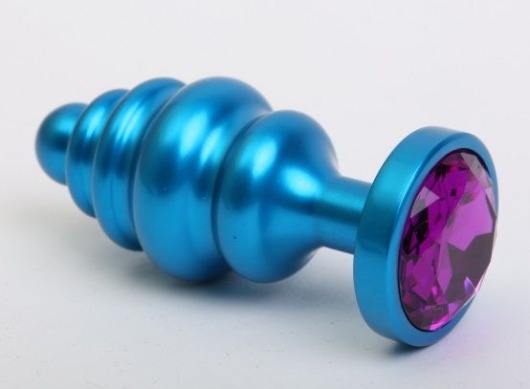 Синяя ребристая анальная пробка с фиолетовым кристаллом - 7,3 см. - 4sexdreaM - купить с доставкой в Санкт-Петербурге