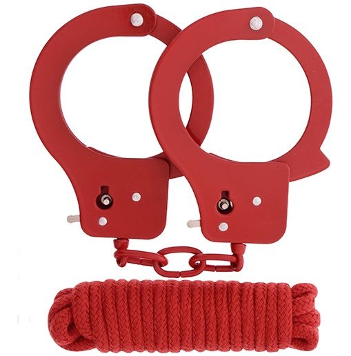 Красные наручники из листового металла в комплекте с веревкой BONDX METAL CUFFS LOVE ROPE SET - Dream Toys - купить с доставкой в Санкт-Петербурге