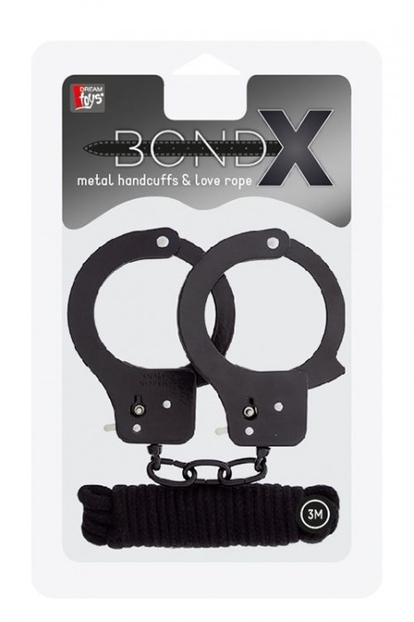Чёрные наручники из листового металла в комплекте с веревкой BONDX METAL CUFFS LOVE ROPE SET - Dream Toys - купить с доставкой в Санкт-Петербурге